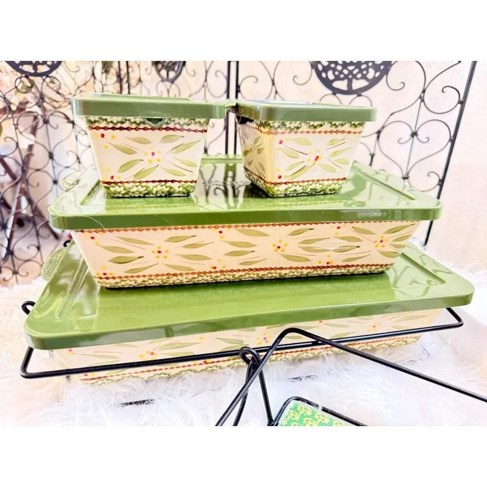 Temptations 10pc Ceramic Rectangular Baking Dish w/ Lid 2.5 qt Green/White 500°F